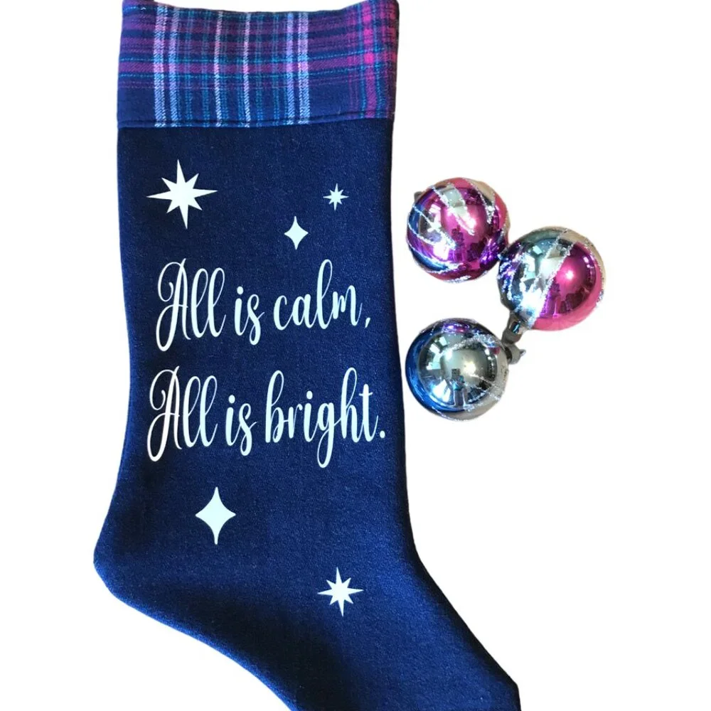 Denim Christmas Stocking, Old Fashioned Holiday Home Decor Silent Night Lyrics